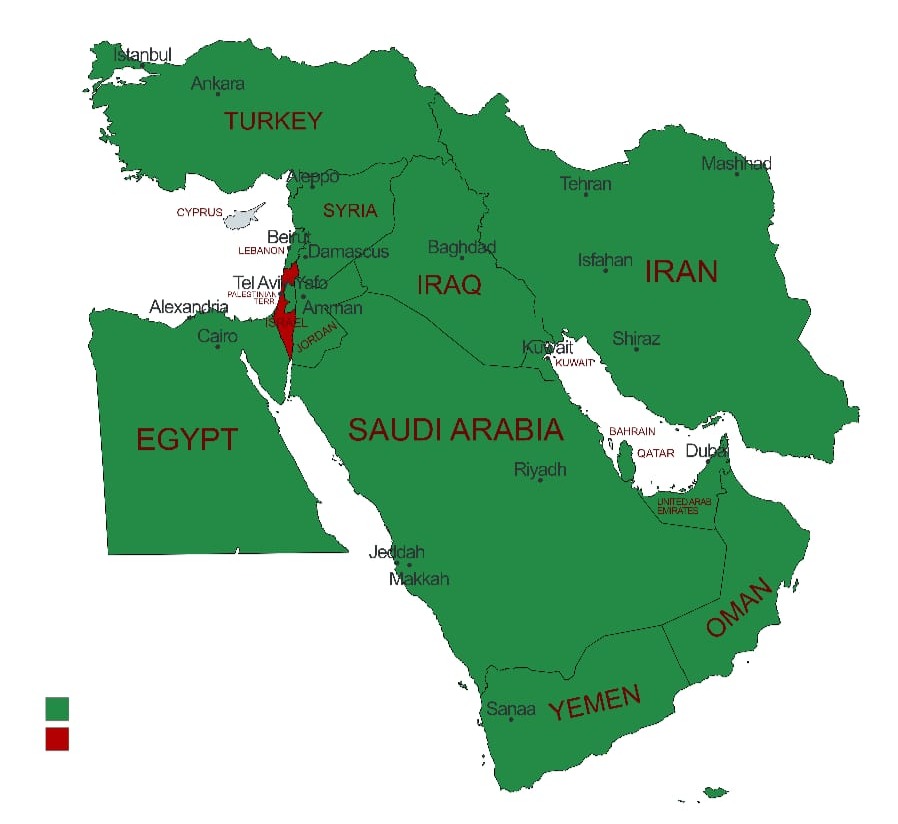 Ortadoğu haritası - İslam ülkeleri ve işgal altındaki topraklar